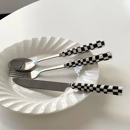 Stainless Steel Knife Fork Spoon with Checkerboard Ceramic Handle Kitchen Dinnerware Dessert Fork Knife Spoon Tableware Set