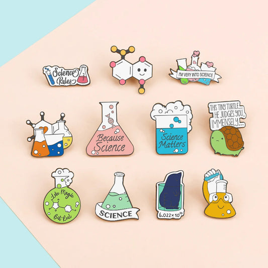 Science Enamel Pins Cartoon Chemistry Experiment Badge Element Molecular Structure Beaker Test Tube Brooches Bag Jewelry Gifts