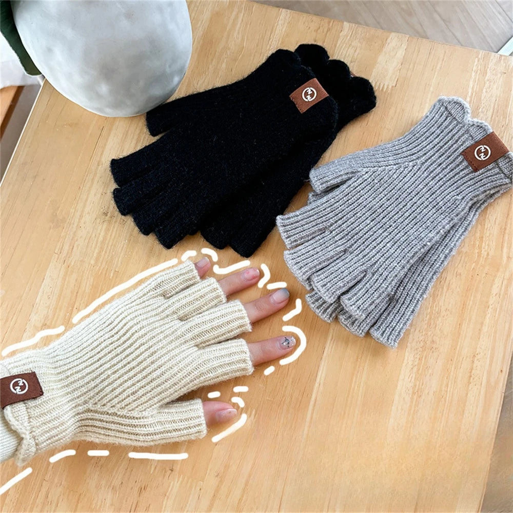 Women's Solid Color Knitted Warm Gloves Winter Half Finger Touch Screen Mittens Outdoor Cycling Stretch Gloves for Adult Couples