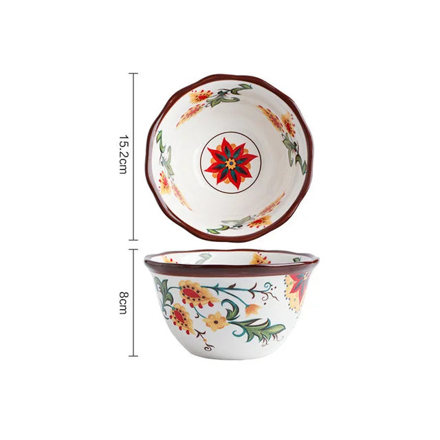 Creative Bowl Ceramic Bohemian Hand-Painted Rice Bowl  Instant Noodle Bowl Household Fruit Salad Bowl Kitchen Tableware