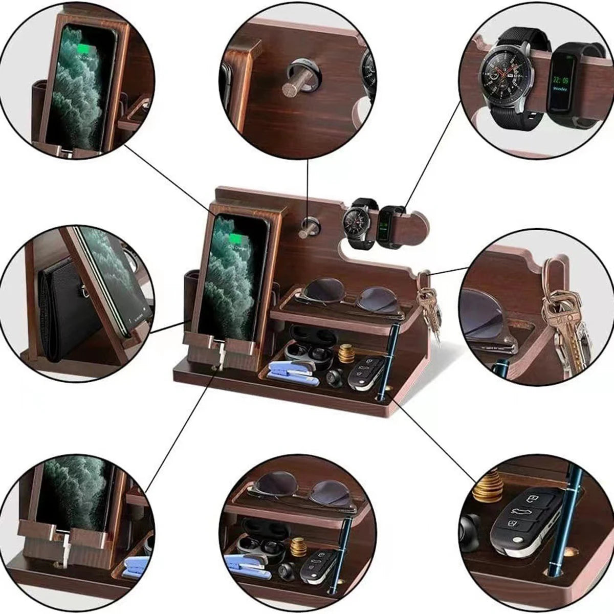 Solid Wood Phone Stand Desktop Creative Storage Rack Multifunctional Hanging Watch Glasses Key Accessories -1pcs