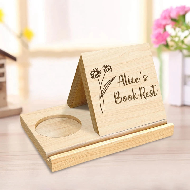 Personalized Wooden Triangle Book Stand With Coffee Cup Mug Holder,Custom Birth Flower Book Page Holder,With Words Durable