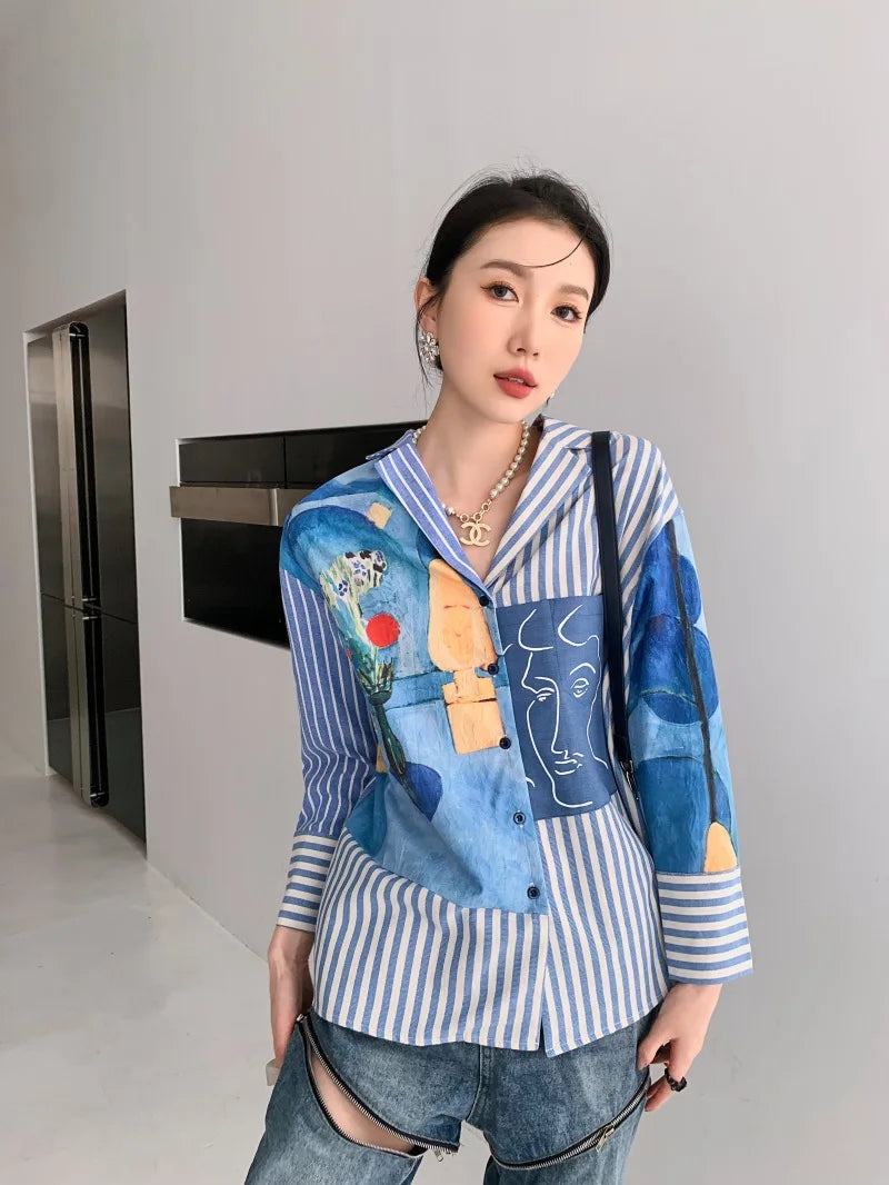 Women's Clothing Shirts Polo Collar Stripe Printing Asymmetrical Long Sleeves Casual Vintage Fashion Baggy Blouse Tops Ladies