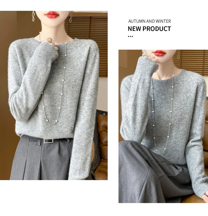 Autumn Winter Women Clothing O-Neck Pullover 100% Merino Wool Sweater New Fashion Cashmere Tops Bottoming Long Sleeve Knitwear