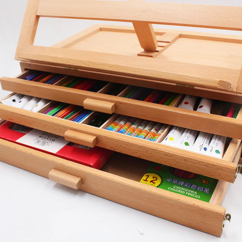 Adjustable Wooden 3-Drawer Storage Box Easel, Beechwood Portable Artist Desktop Case with Fold Down Canvas Easel for Markers