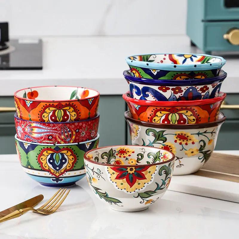 Creative Bowl Ceramic Bohemian Hand-Painted Rice Bowl  Instant Noodle Bowl Household Fruit Salad Bowl Kitchen Tableware