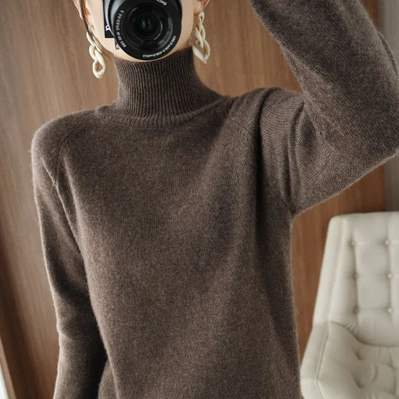 Women Autumn Winter Turtleneck Sweater Elegant Slim Solid Ribbed Knitted Cashmere Jumpers Female Long Sleeve Pullover Knitwear