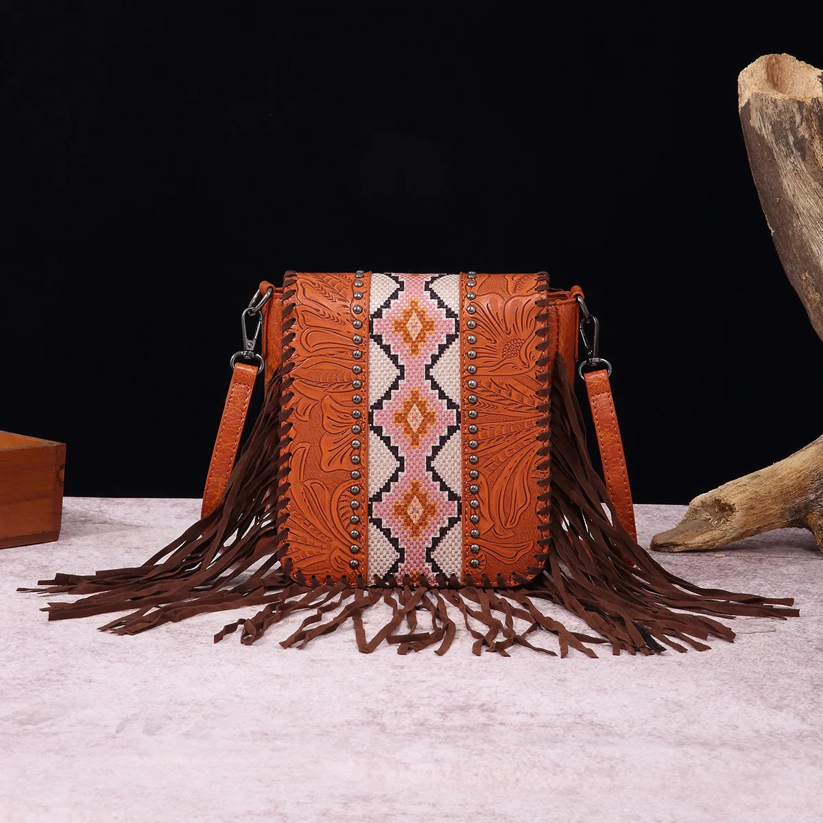 Small Vegan Leather Cowhide Women's Crossbody Handbag with Tassel Wrangler West Fringe Purse for Women Shoulder Bag Tooled Aztec