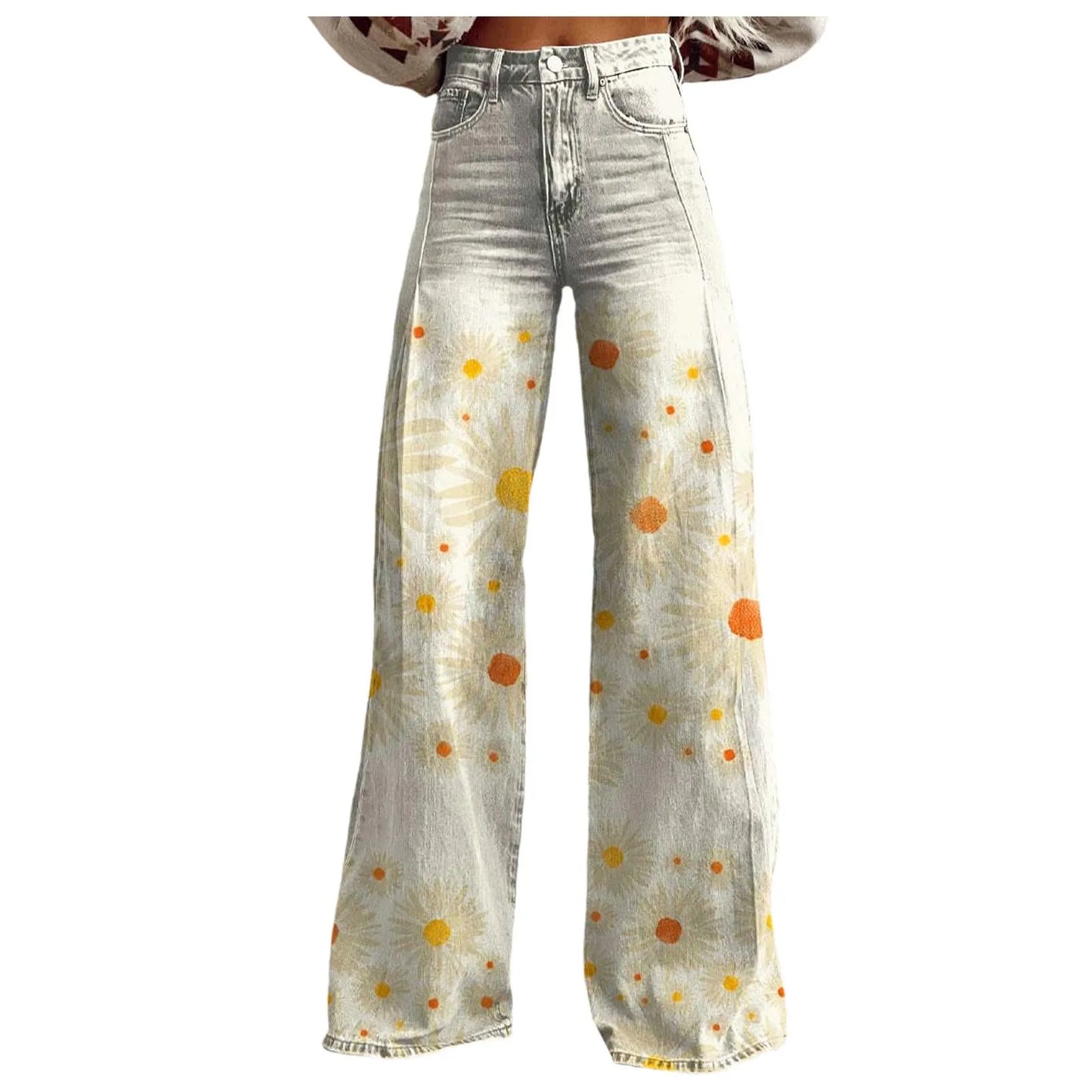 Loose Fit Comfort Vintage Wide Leg Jeans Fashion High Waisted Casual Denim Pants 90s Floral Printed Baggy Trousers Women