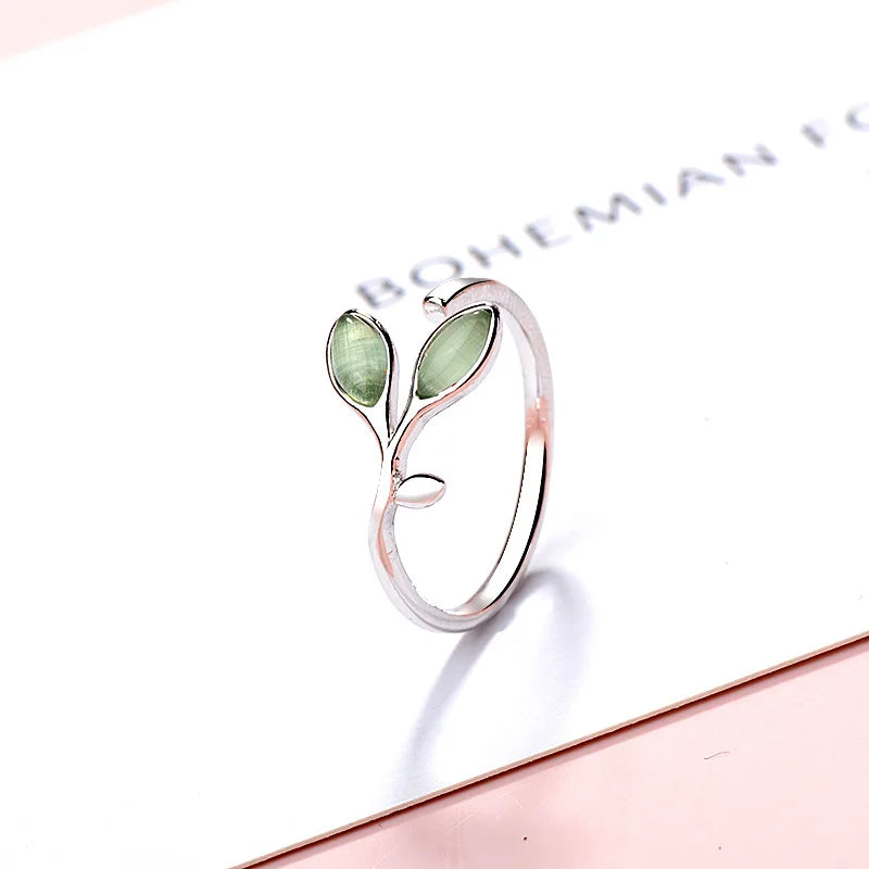 VENTFILLE Silver Color Leaves Ring for Women Girl Gift Cat's Eye Opal Sweet Temperament Branch Jewelry 925 Stamp Dropship