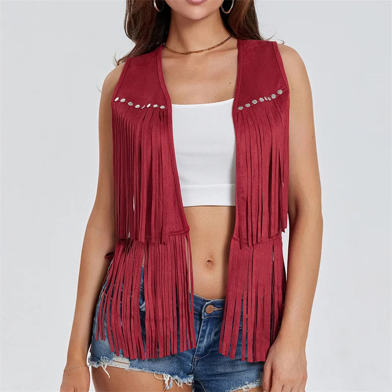 Women Fringe Vest Faux Suede Open Front Vintage Vest Sleeveless Hippie Clothes Boho Western Cowboy Style Short Jacket