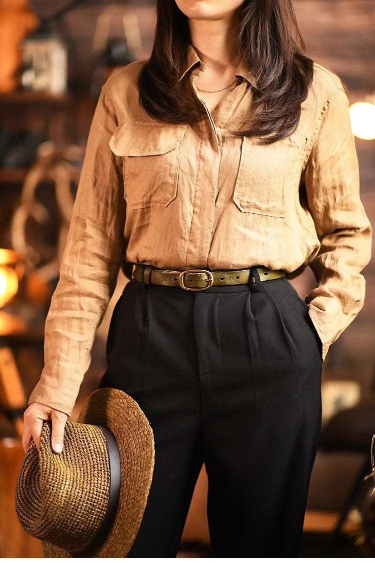 Retro Narrow Genuine Leather Women's Belt Pure Copper Button Western Cowboy Style Versatile Jeans Belt Fashion Luxury Women Belt