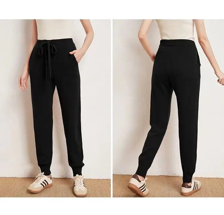 Women's 100% Wool Knitted Trousers, Casual Sports Sweatpants, Korean Version, Small Leg Pants, Female Cashmere Fashion Pants