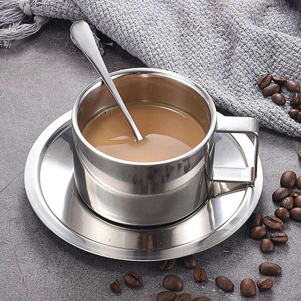 Stainless Steel Coffee Cups Creative Set 304 Stainless Steel European Style Double Layer Coffee Cup Creative Set Mug for Office