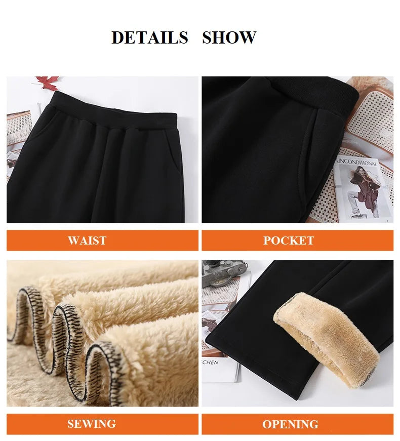 Women Warm Winter Plush Thick Pants Lambskin Cashmere Trousers High Waist Cotton Fleece Loose Female Wide Leg Pants PELEDRESS