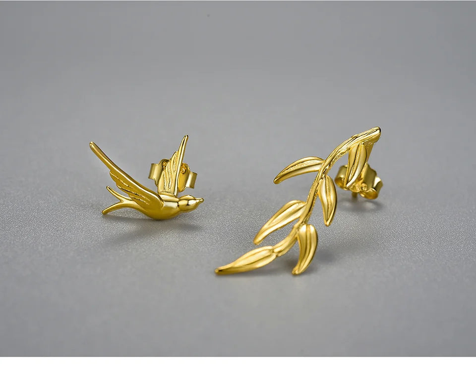 Lotus Fun Luxury 18K Gold Swallow Willow Branch Asymmetrical Unusual Dangle Earrings For Women 925 Sterling Silver Fine Jewelry