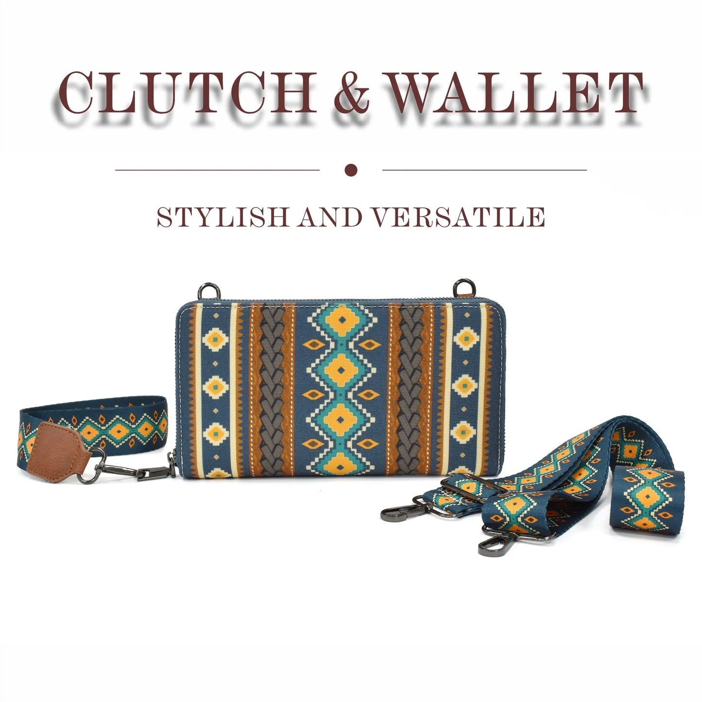 Fashion Bohemian Cowgirl Wallet Purse for Women Western Aztec Ethnic Clutch Wristlet Wallet with Credit Card Holder Shoulder Bag