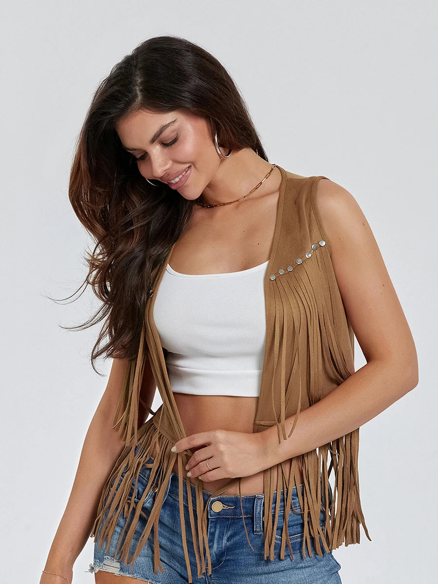 Women Fringe Vest Faux Suede Open Front Vintage Vest Sleeveless Hippie Clothes Boho Western Cowboy Style Short Jacket