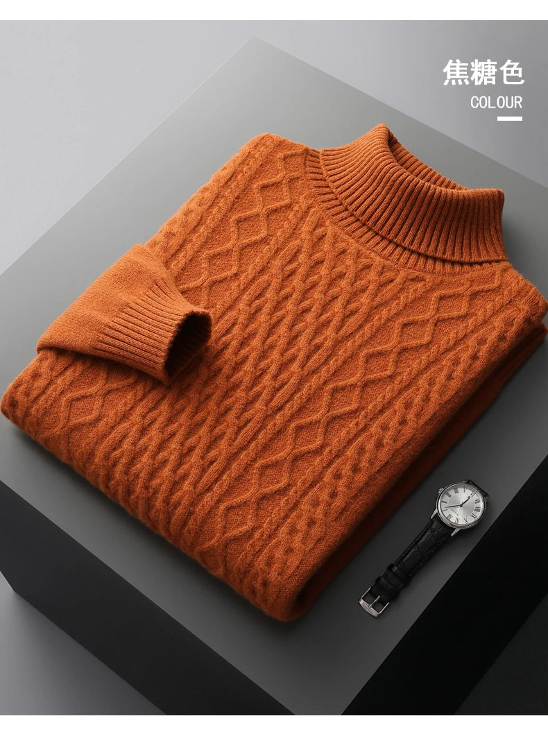 Autumn and winter new 100% wool cashmere sweater men's high neck thick jacquard bottoming shirt loose knit top warm pullover