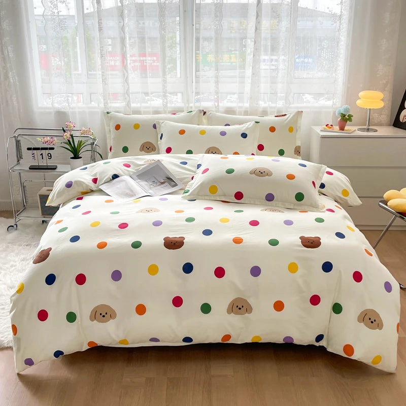 Colorful Polka Dot Cotton Duvet Cover Set with Zipper Cute Bear Bedding Sets for Men & Women, Luxury Reversible Comforter Covers