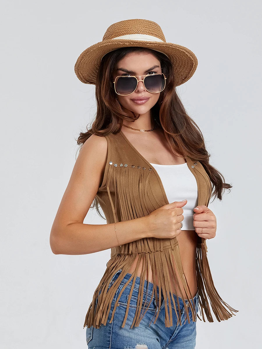 Women Fringe Vest Faux Suede Open Front Vintage Vest Sleeveless Hippie Clothes Boho Western Cowboy Style Short Jacket