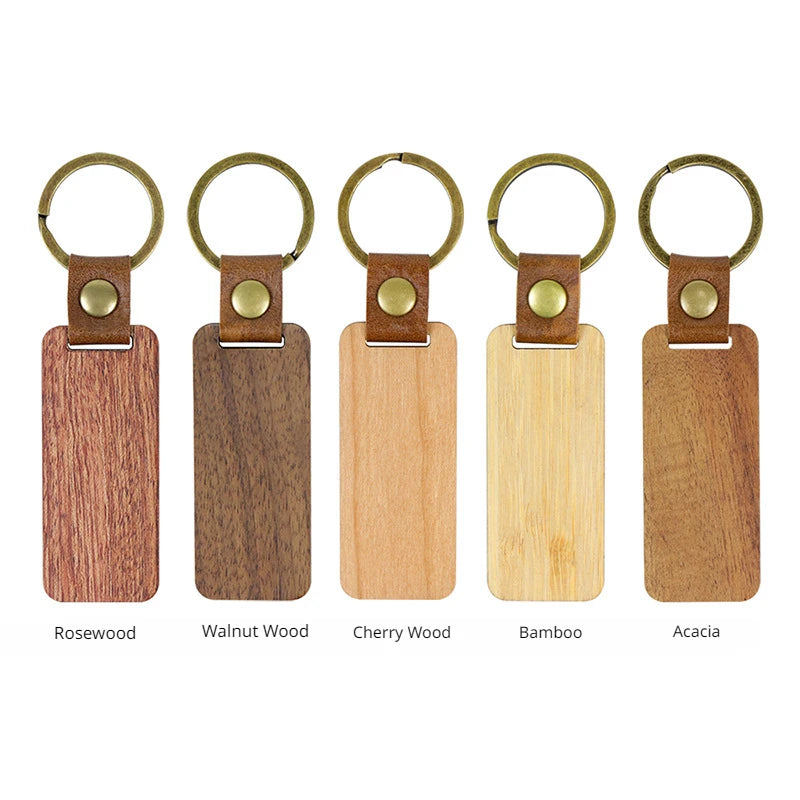 Customized PU Leather Wooden Keychain Blank DIY Wood Keyring Square Engraved Car Key Chains Retro for Friends Lovers Family Gift Valentines Gift