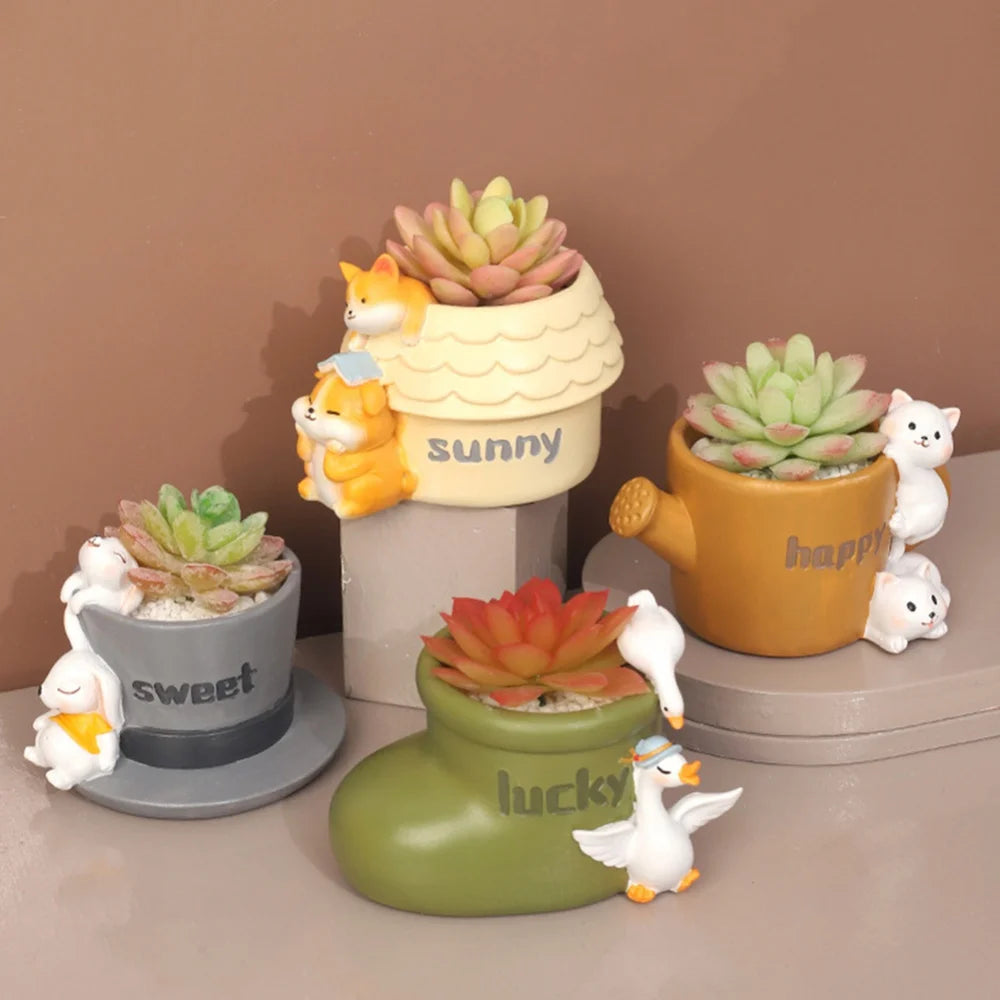 Cute Rabbit Shape Resin Flowerpot Decorative Animal Succulent Flower Pot Garden Planting Pot Desktop Ornaments Garden Planter