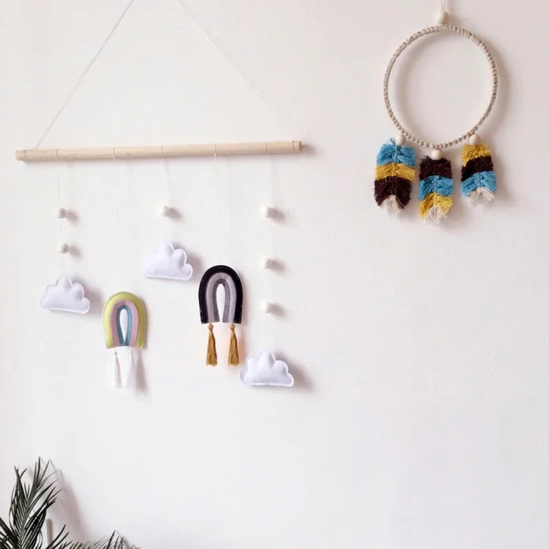 Nordic Style Cute Felt Clouds Shape Wall Hanging Ornament Wooden Stick Tassel Pendant Kids Room Decoration Photography Props