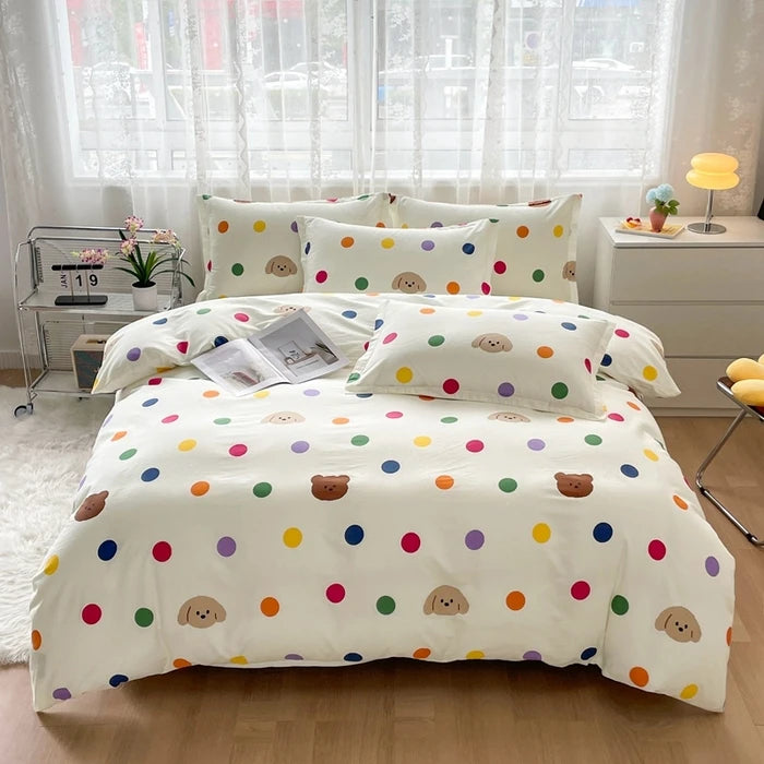 Colorful Polka Dot Cotton Duvet Cover Set with Zipper Cute Bear Bedding Sets for Men & Women, Luxury Reversible Comforter Covers