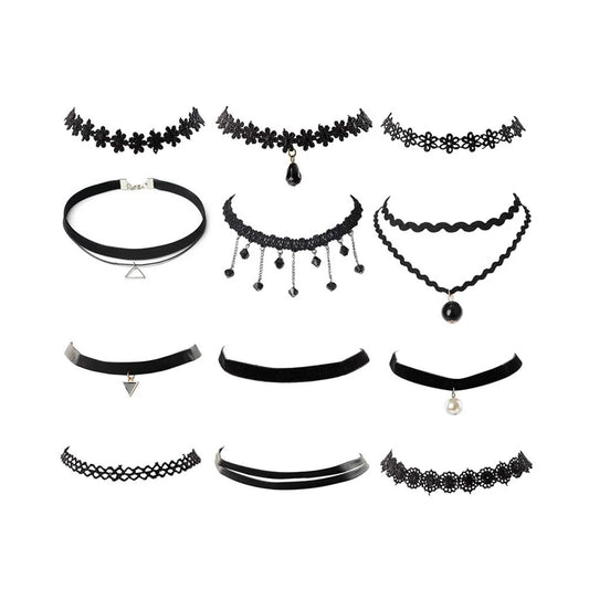 12 Pieces New Simple Women Necklace Valentines girl Handmade Gothic Retro Vintage Women Lace Collar Choker Necklace Girl Accessories