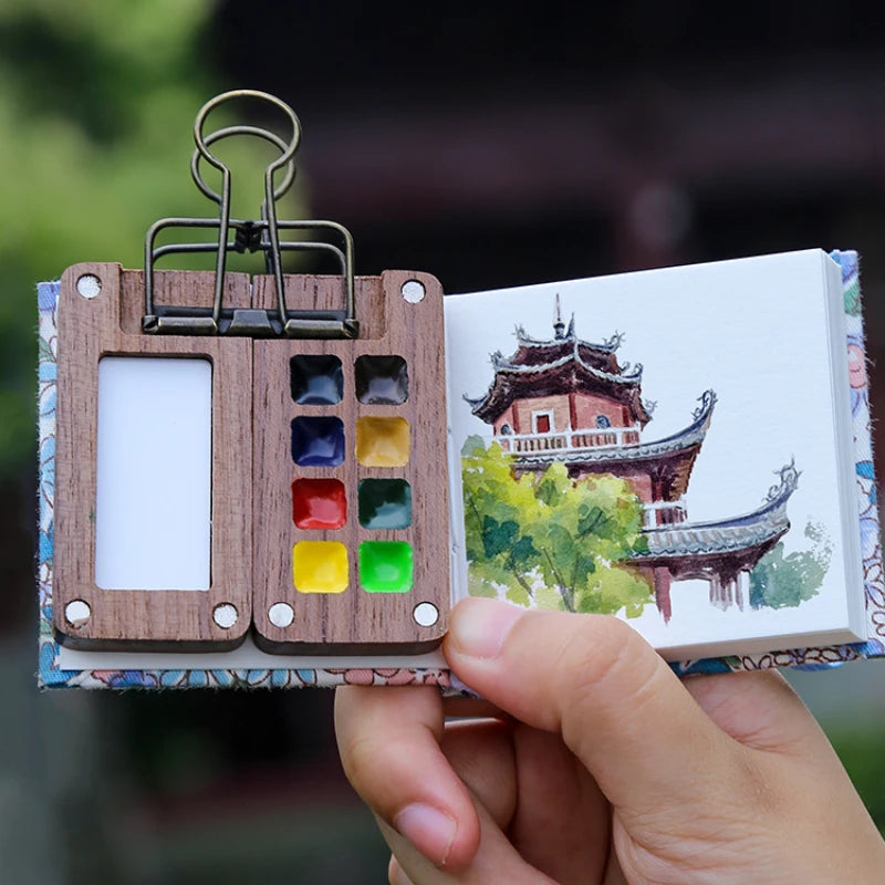 Portable Travel Watercolor Set Schmincke Watercolor 8 Colors Mini Walnut Paint Box Sketchbook Student Outing Art Supplies