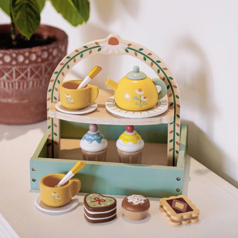 DIY Playing Home Wooden Simulation Kitchen Supplies Toy Afternoon Tea Birthday Cake European Tea Set Hands on Ability Training