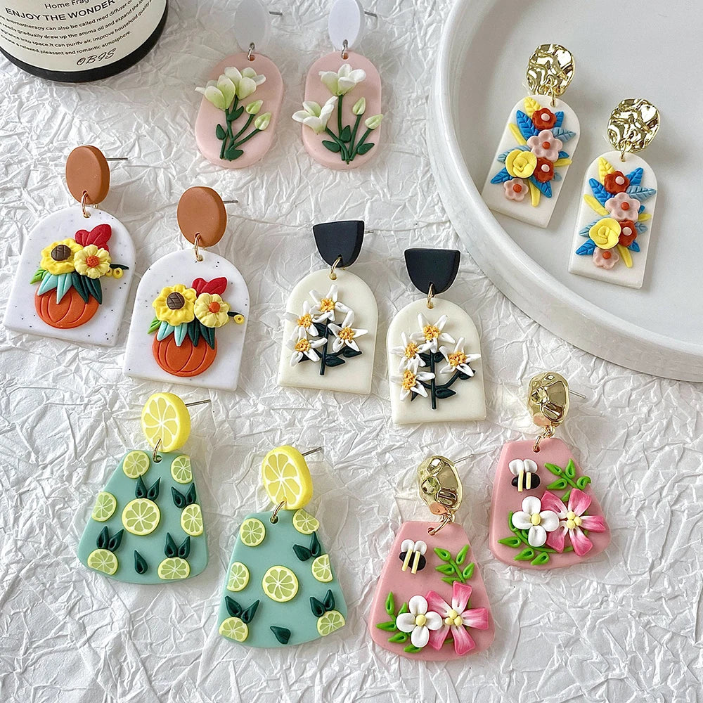 AENSOA Handmade Delicate Floral Polymer Clay Earrings for Women Colorful Cluster Flowers Drop Earrings Lightweight Jewelry 2023