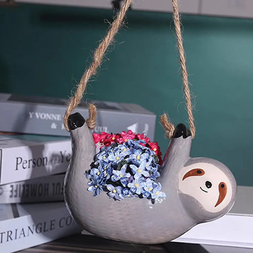 Ceramic Flowerpot Cartoon Animal Sloth Hanging Planter Pots Cute Succulent Plant With Twine Home Decor For Indoor Outdoor