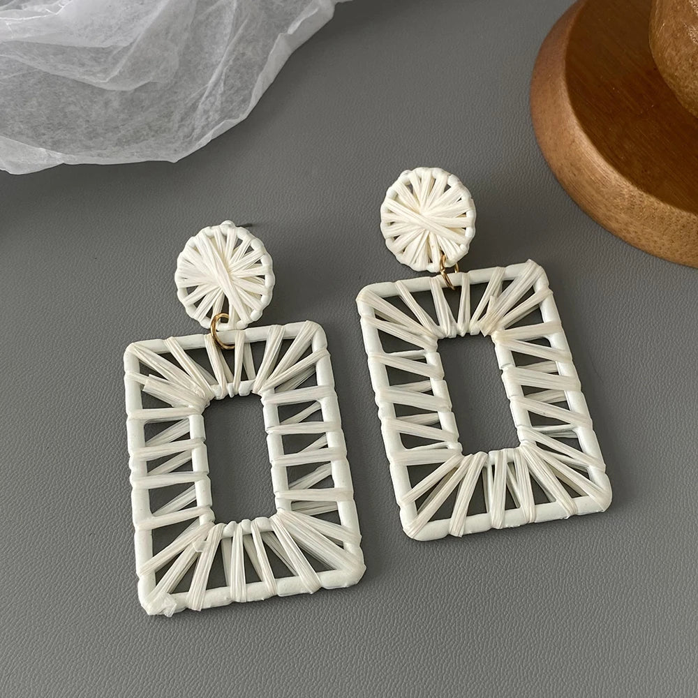 AENSOA Handmade White Rattan Knit Braided Tassel Earrings for Women Geometric Wooden Polymer Clay Leaf Drop Earrings Jewelry