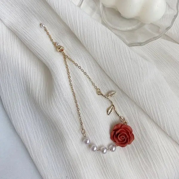 Romantic Adjustable Red Rose Link Chain Bracelet Fashion Valentine Gift for Lover Women's Hand Bracelets Bride Jewelry Accessori Valentines Gift