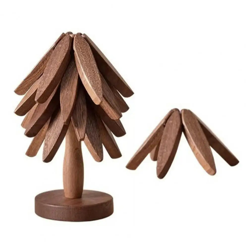 Christmas Tree Coaster with Base 3 Layers Tree Shape Wooden Trivet Anti-scald Countertop Pot Pan Coffee Tea Cup Holder Home