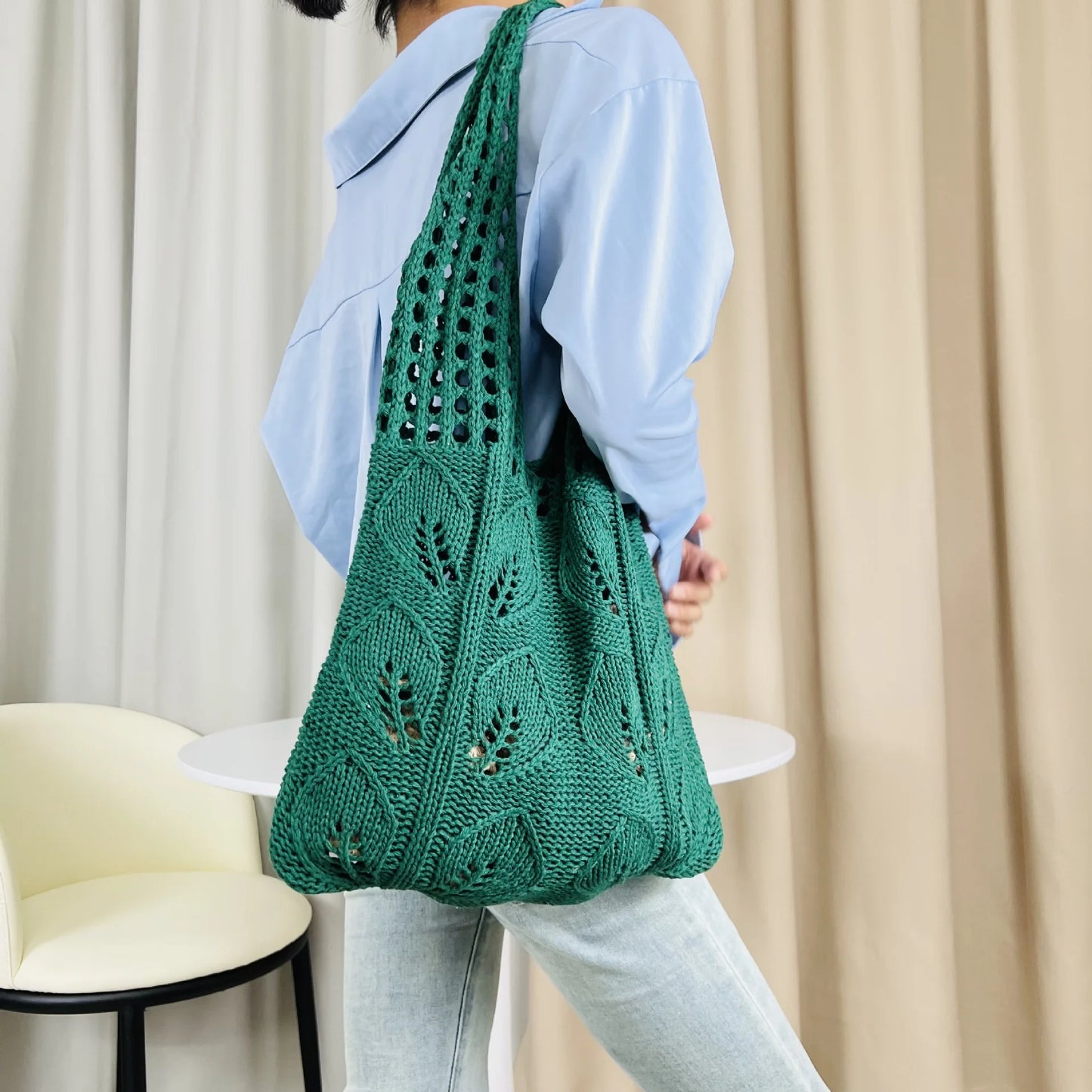 Knitted Handbags Beach Bags Lightweight Students Shoulder Casual Tote Female Style Shopping Woven Bags For Women Girls