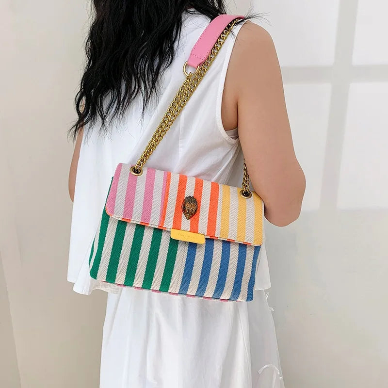 Summer Fashion Beach Bag Colorful Stripe Canvas Bag Handheld Tote Bag Women's Leisure Vacation One Shoulder Crossbody Bag-ll