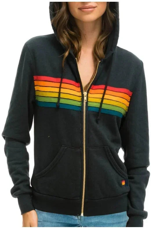 Autumn Unisex Women's Aviator Nation Long Sleeve Hooded Sweatshirts Casual Zipper 5 Stripe Rainbow Hoodies Jacket Coat