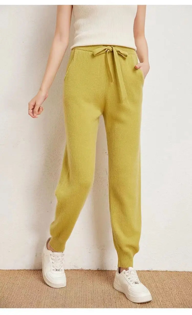 Women's 100% Wool Knitted Trousers, Casual Sports Sweatpants, Korean Version, Small Leg Pants, Female Cashmere Fashion Pants