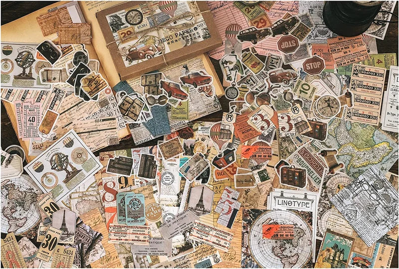 200 Pcs Vintage Traveling Pack Decoupage Paper Junk Journal Kit Scrapbook Planner Sticker Supplies for Art Journaling