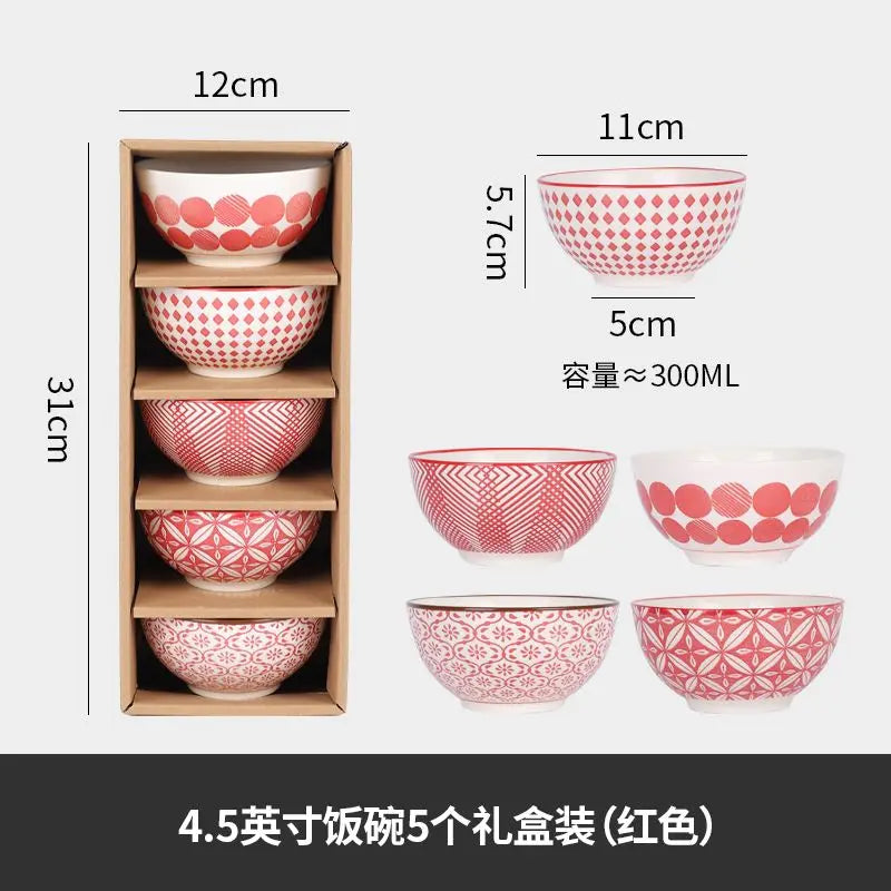 Japanese Style Ceramic Rice Bowl Set Family Dinner Soup Good-Looking Set Gift Box Rice Bowl Creative Retro Small Bowl