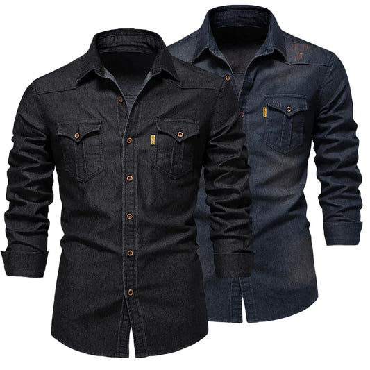 Fashion Autumn Cotton Denim Shirts Men Casual Long Sleeve Quality Cowboy Shirt Solid Color Slim Fit Elastic Jean Shirts for Men