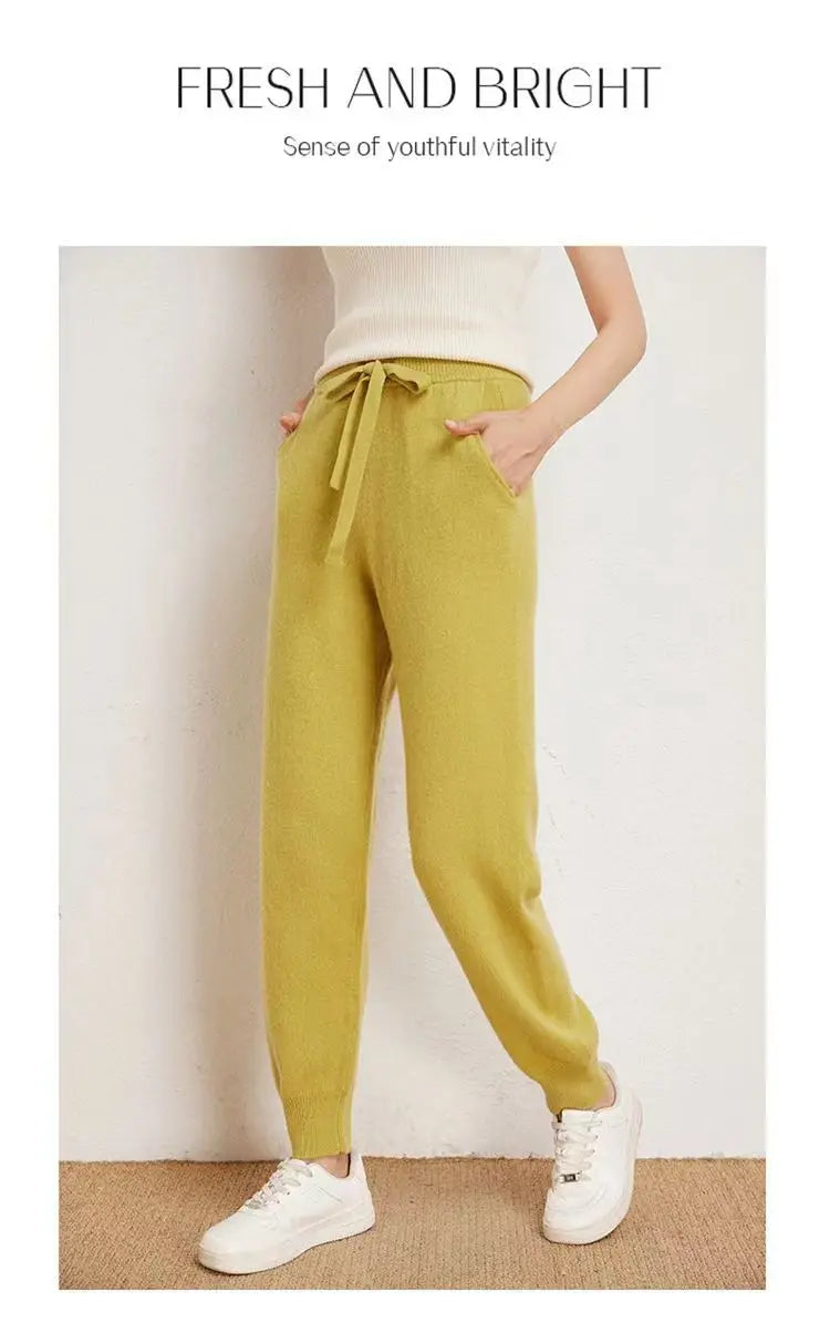 Women's 100% Wool Knitted Trousers, Casual Sports Sweatpants, Korean Version, Small Leg Pants, Female Cashmere Fashion Pants