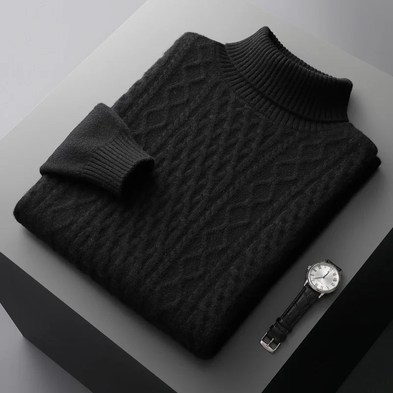 Autumn and winter new 100% wool cashmere sweater men's high neck thick jacquard bottoming shirt loose knit top warm pullover