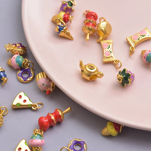 10Pcs/Lot Mix Styles Cute Sweets Candy Birthday Cake Charms Enamel Ice Cream Doughnut Breloques Jewelry Accessories Wholesale