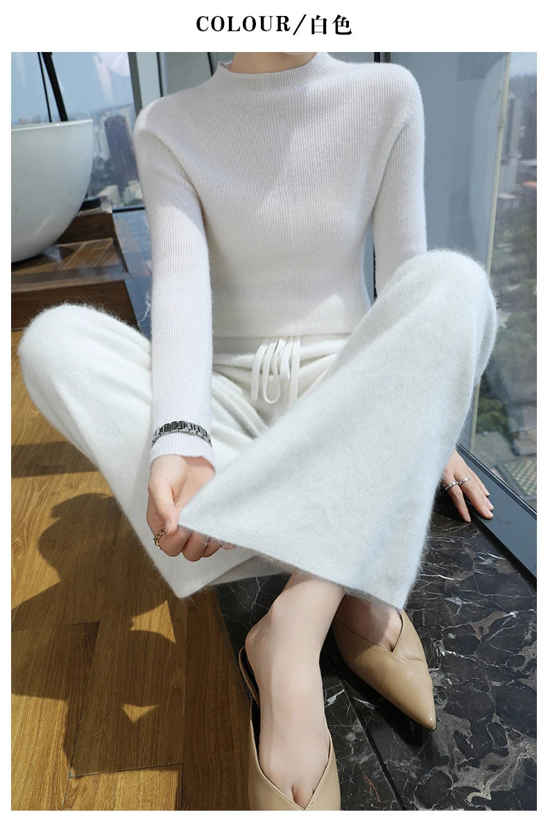 2024 Autumn/Winter New Mink Cashmere Wide Leg Pants for Women, Thickened, Warm, Loose, High Waist Strap up Vertical Casual Pants