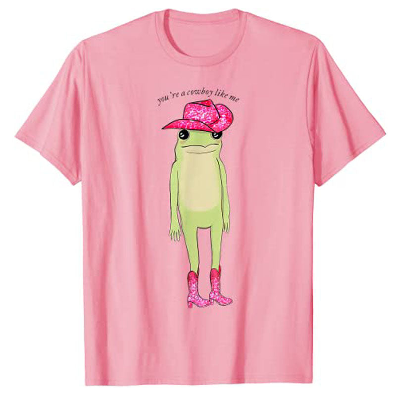 You're A Cowboy Like Me Funny Frog Pink Cowboy-Hat Cowgirl T-Shirt Western Country Southern Style Graphic Tee Tops Cute Outfits