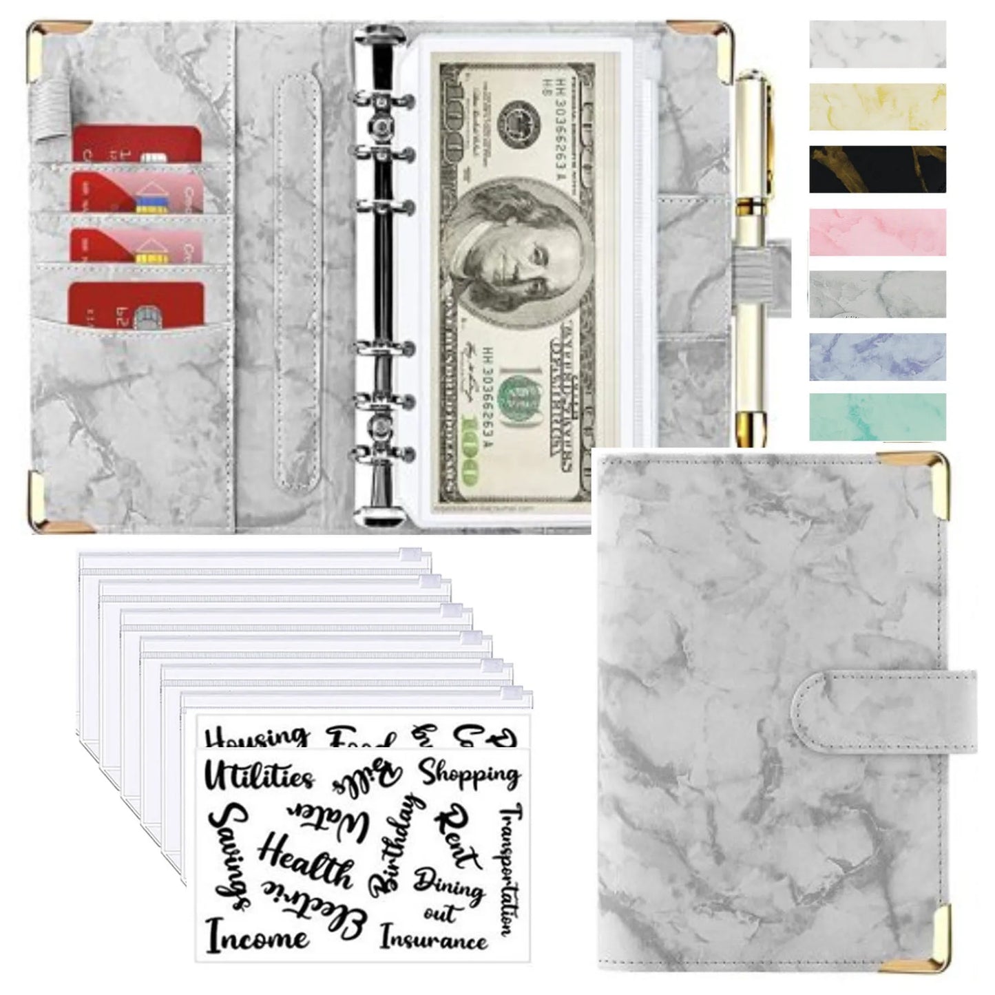 A6 Money Saving Organizer PU Leather Budget Binder Marble Notebook Budgets Planner 2023 Envelope Office School Supplies Valentines Gift